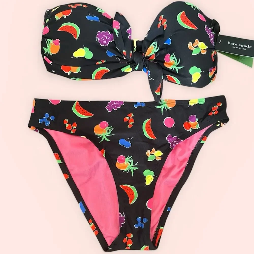 kate spade Black Neon Fruit Print Bikini 2 piece  Set Small watermelon blueberry
